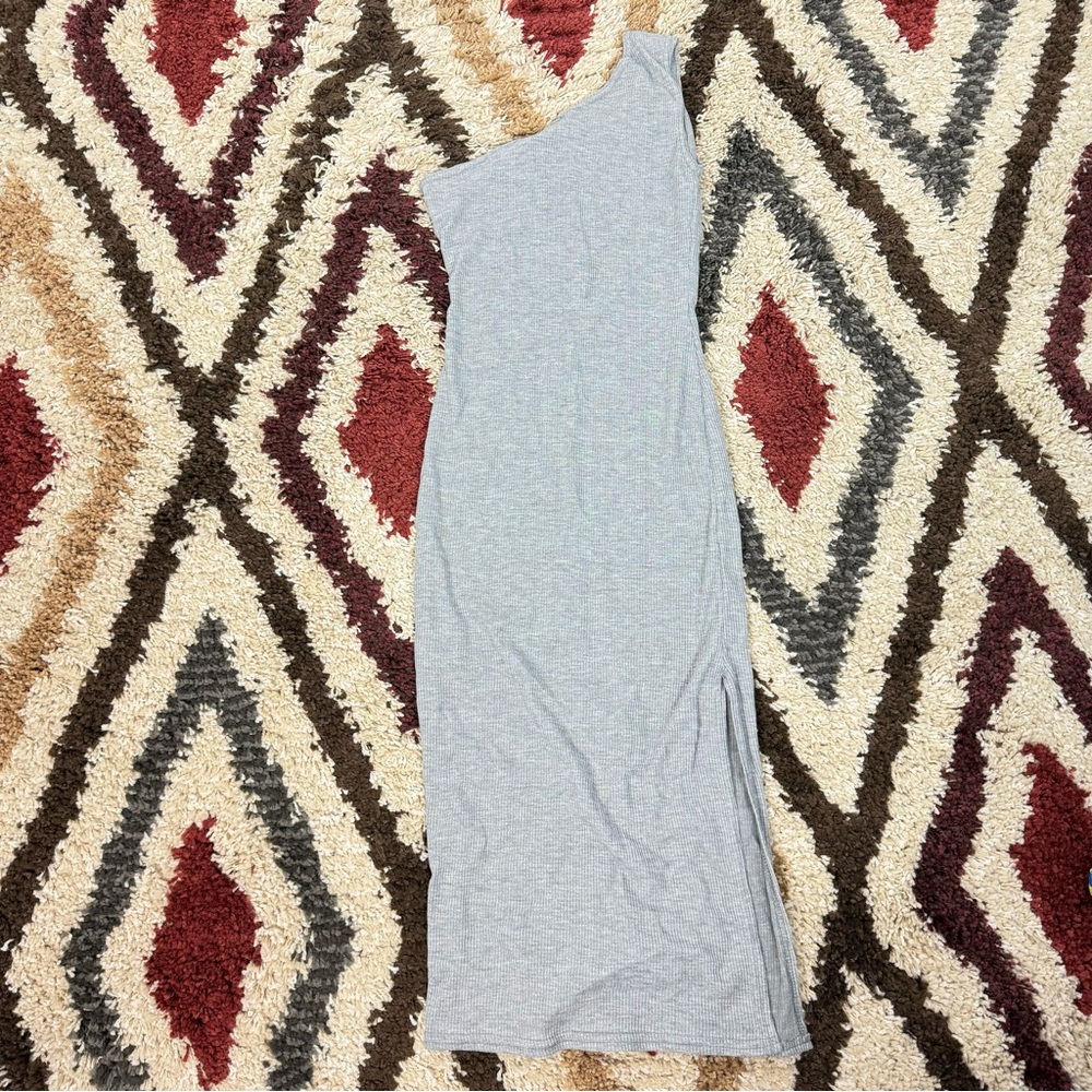 Pretty Little Thing Midi Dress One Shoulder Solid Gray Ribbed Tank Fitted Slit - Picture 2 of 8